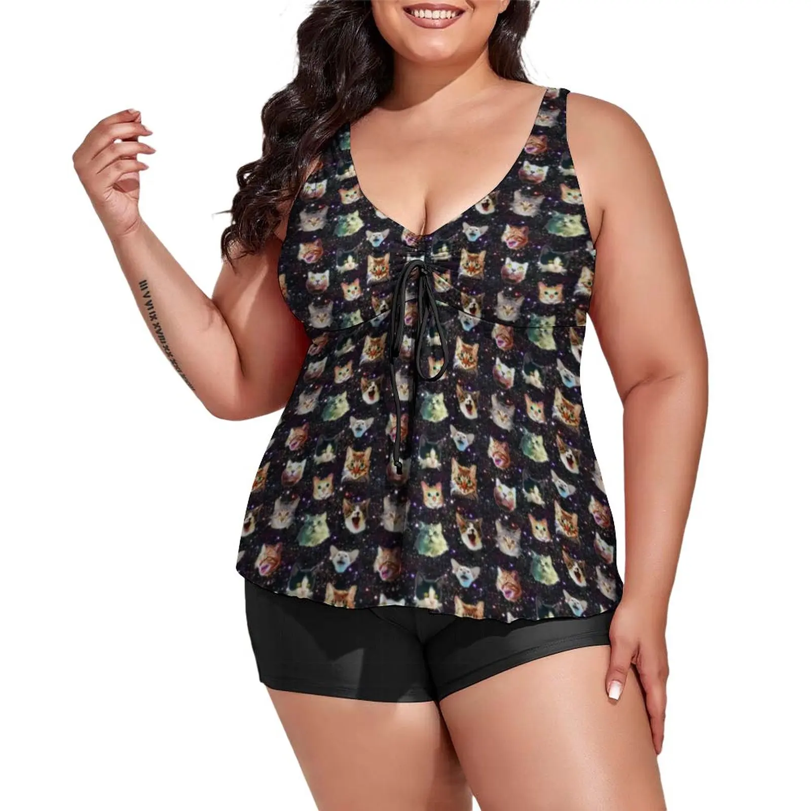 

Star Galaxy Print Tankini Swimsuit Funny Cat Heads Two Piece Surf Swimwear Retro Swimsuits High Waist Beach Outfits Large Size