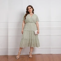 2022 summer new hot sale european and american style chiffon plus size v neck floarl short sleeve dress for large women