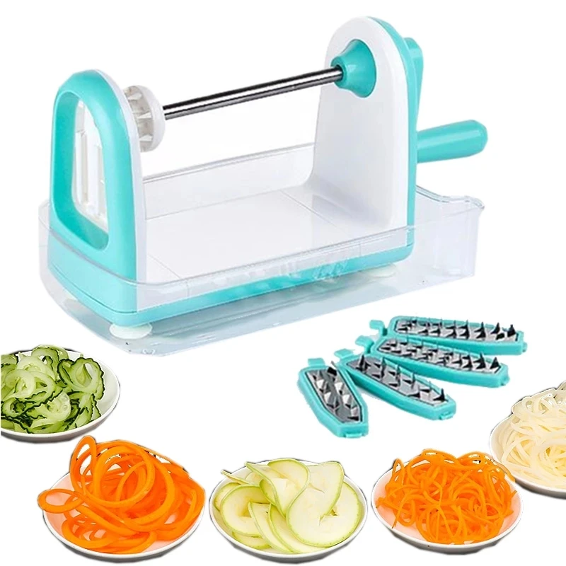 

Spiral Vegetable Grater With 5 Stainless Steel Blades And Food Container Potato Carrot Manual Spiral Grater Slicer Kitchen Tools