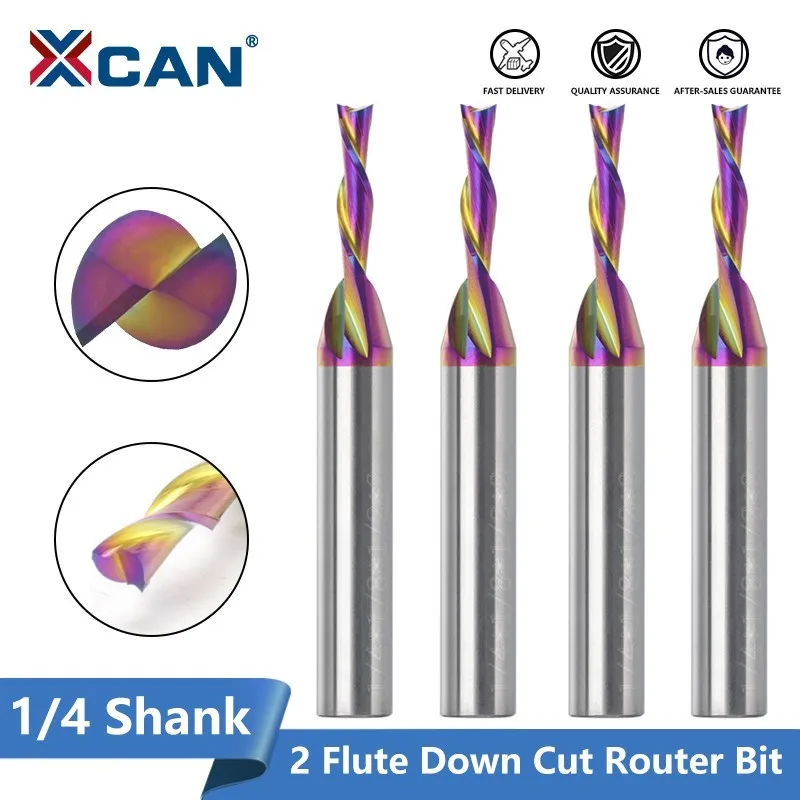 

XCAN Milling Cutter 2 Flute Down Cut Router Bit 1/4 Shank Carbide End Mill Super Coated CNC Milling Cutter for Aluminum Cutting