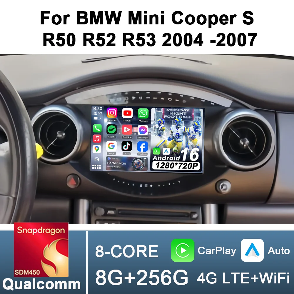 Фото 2DIN 9-дюймовая автомагнитола с CarPlay и Android Auto для BMW Mini Cooper S R50 R52 R53 2004-2007, мультимедийная навигация GPS RDS DSP 4G BT №1