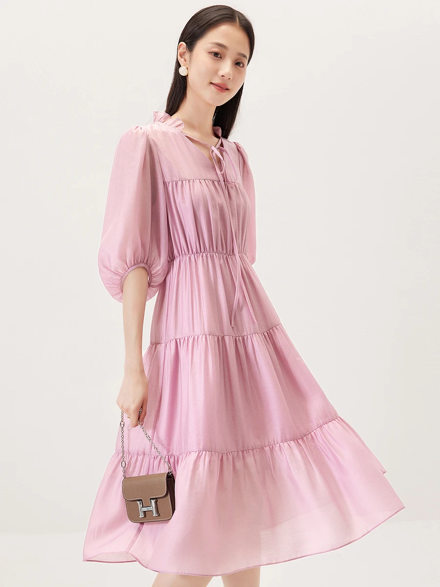 

SHUCHAN Lyocell Polyester Vestidos De Fiesta A-LINE Mid-Calf Lantern Sleeve V-Neck Maxi Dresses for Women