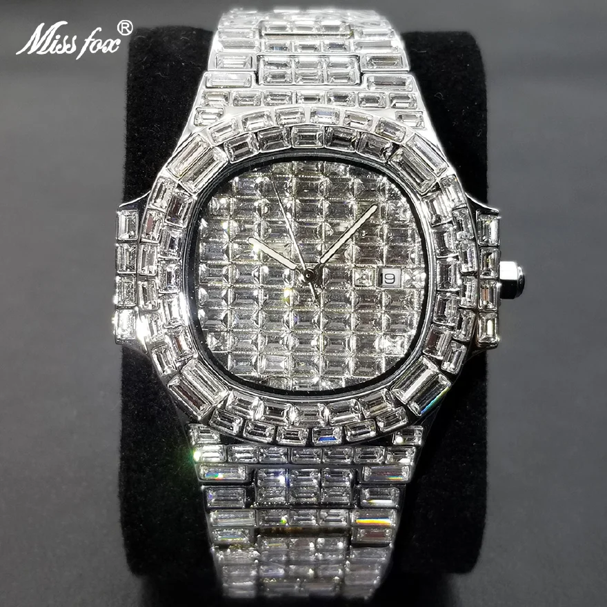 

MISSFOX New Ice Out Watches For Men Top Brand Stainless Steel Automaitc Date Clock Fashion Hip Hop Full Diamond Bling Watch Male