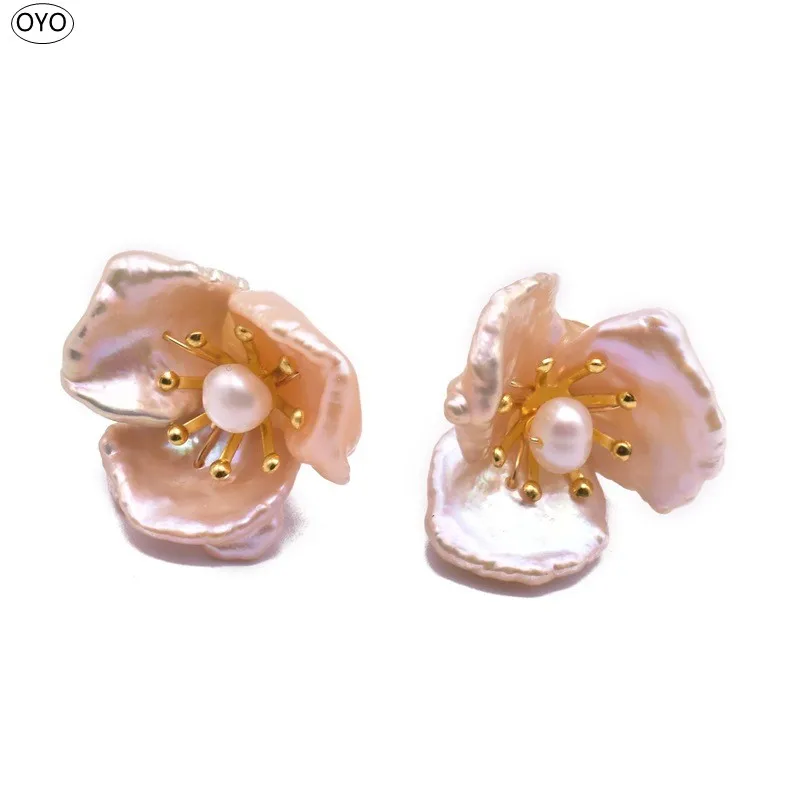 

Original 925 silver earrings natural baroque pearl flower earrings