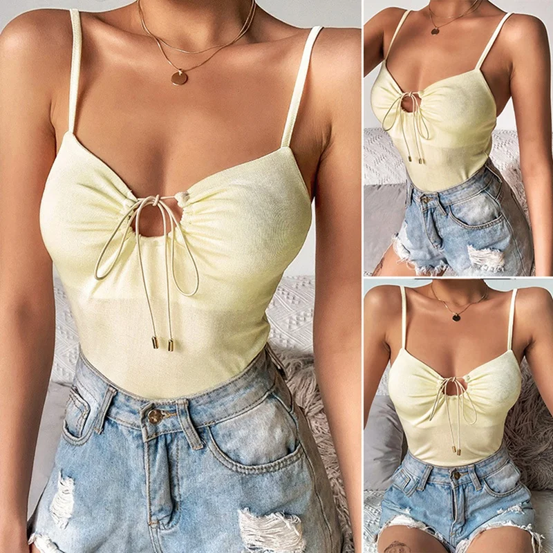 

Women's Fashion Sexy Solid Color Chest Pleated Lace-Up Vest Apricot