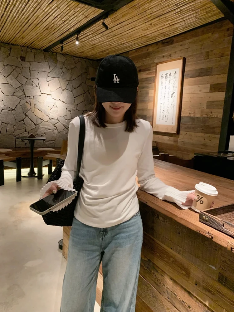 Patchwork Bell Sleeve T-shirt Women 2024 Autumn and Winter New Small Slim fit Slimming Fleece-lined Stretch Bottoming Shirt Top