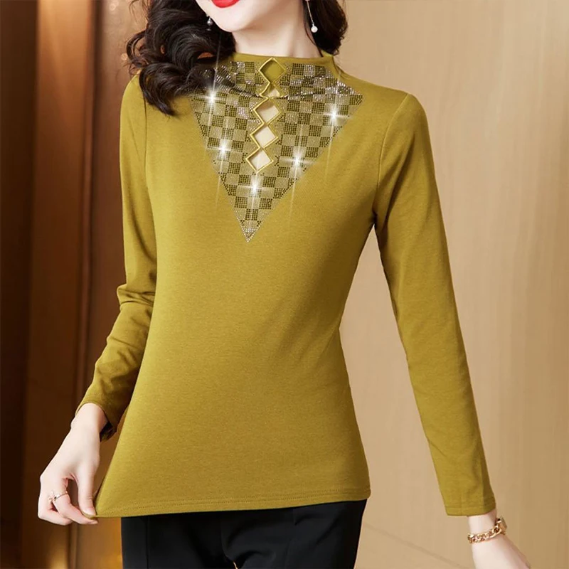 

Autumn Elegant Fashion Chic Pullover Women Patchwork Artistic Long Sleeve Hollow Out Round Collar Argyle Sequined Beading Top