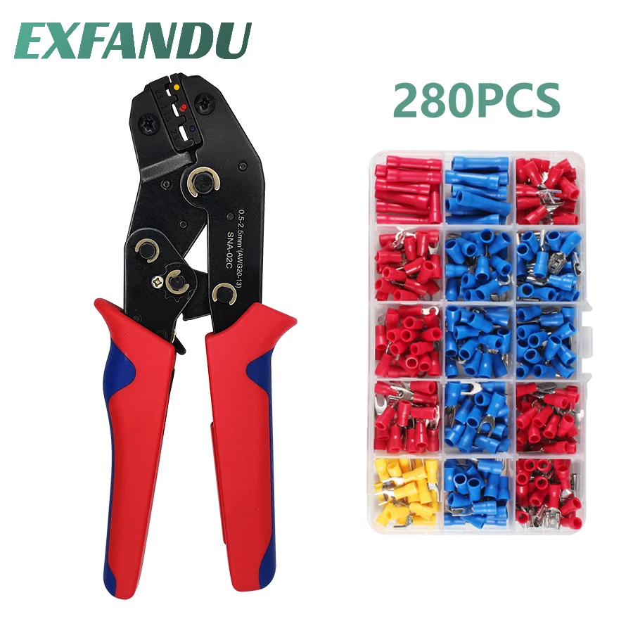 

SN-02C Mini Hand Crimping Tool 0.25-2.5mm² Adjustable Crimper Pliers With 280pcs Cable Lugs Assortment Kit Wire Crimp Set