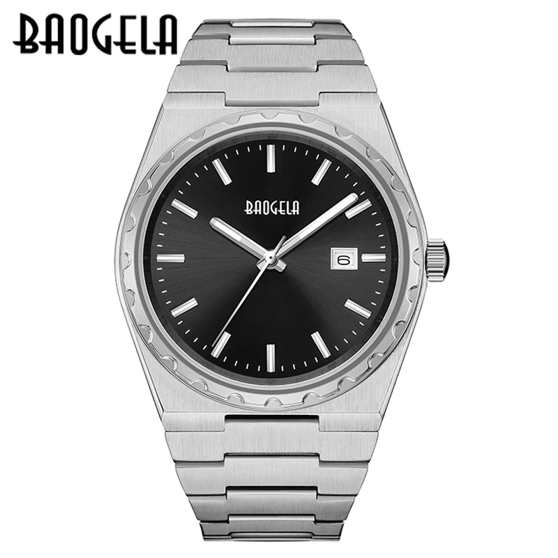 BAOGELA Top Brand Stainless Steel Men's Wristwatch Classic Business 50M Waterproof Japan Movement Quartz Watch For Men silver 22