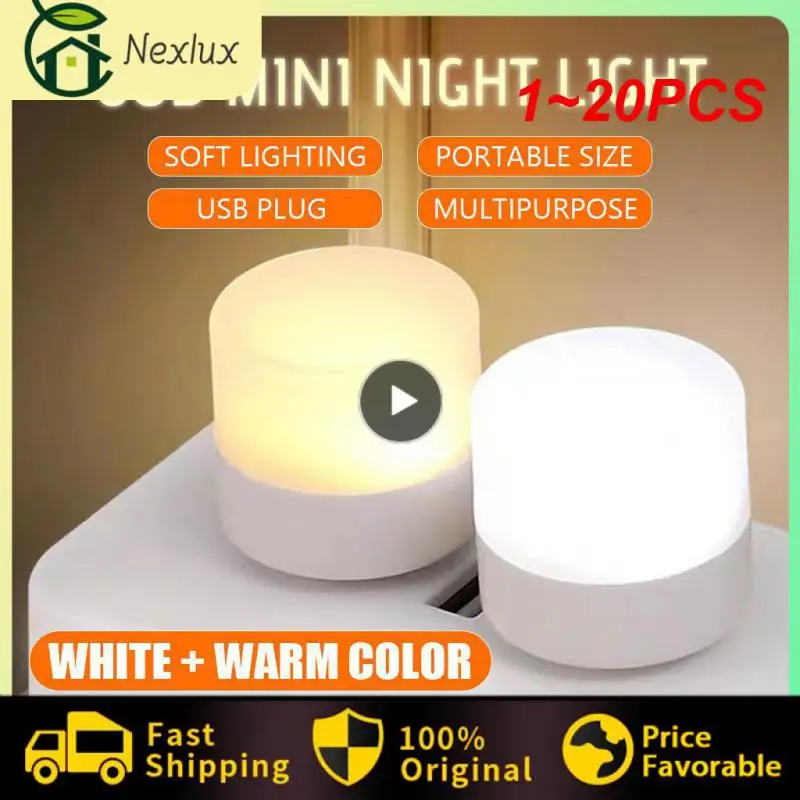 

1~20PCS Night Light Mini LED Night Light USB Plug Lamp Power Bank Charging USB Book Lights Small Round Reading Eye Protection