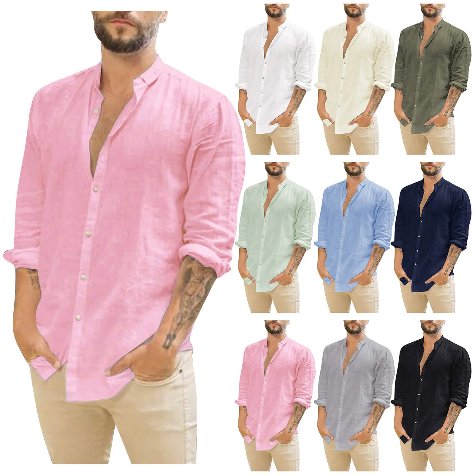 

Shirt Clothes Color Dropshipping Sleeve Vintage Men Spring Long White Casual Cotton Linen For Cardigan Solid Shirts Summer