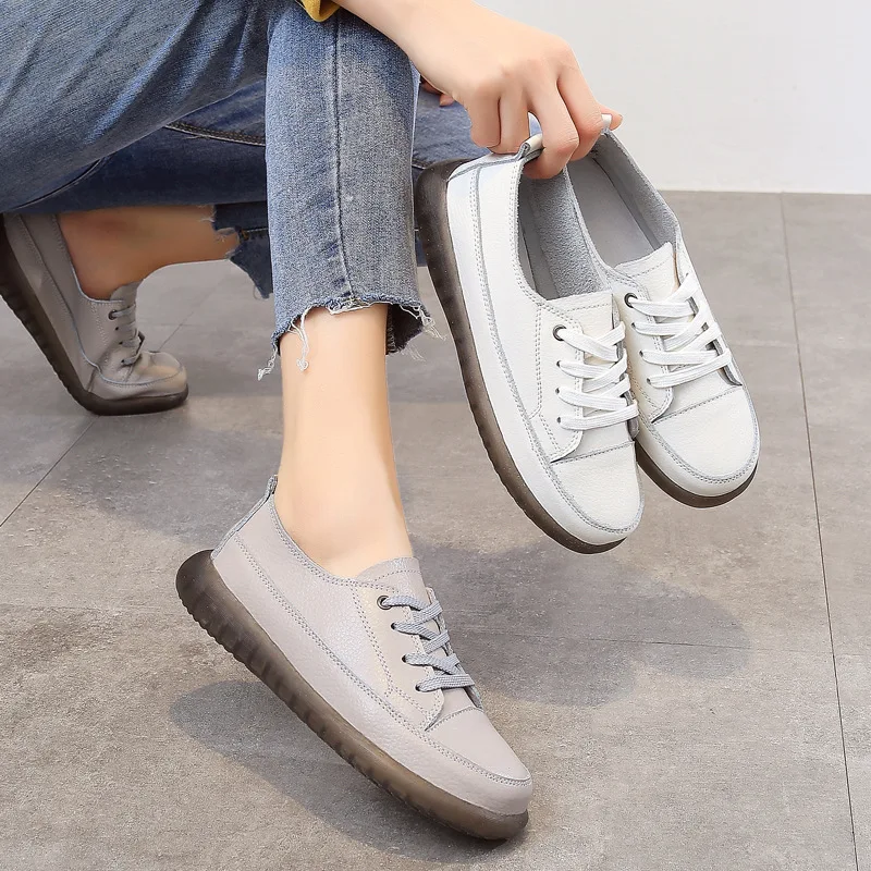 

2022 New Autumn Genuine Leather Women's Sneakers For Women Casual Flat Shoes Woman Solid Luce Up Footwear Female