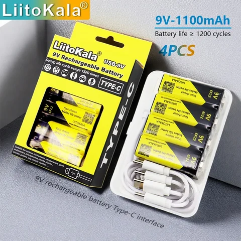4 шт. LiitoKala USB-9V литиевые аккумуляторы 9В 1100 мАч