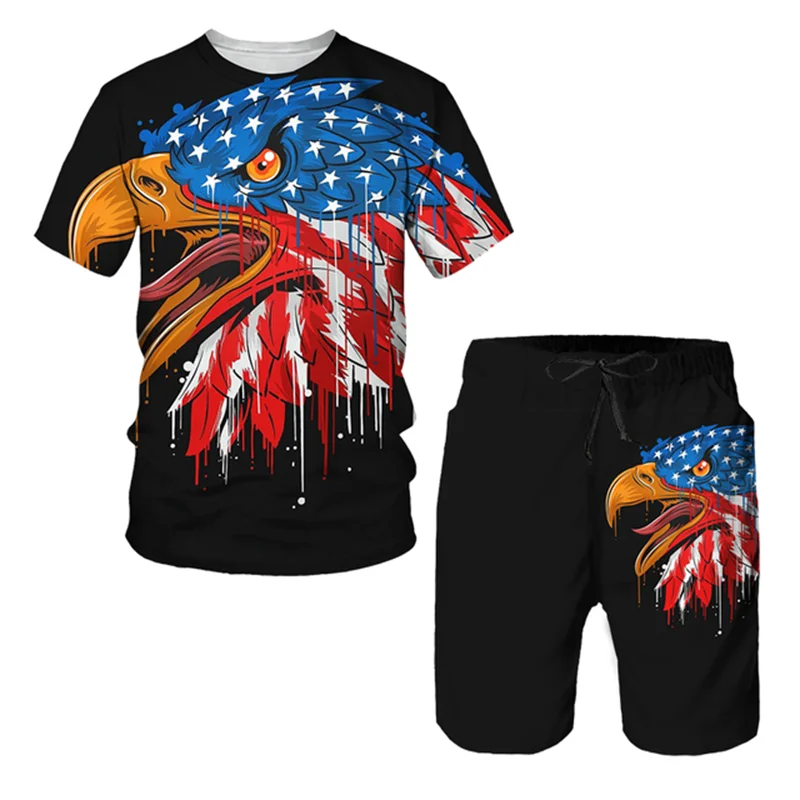 Fashion 3D Eagle Pattern T Shirt For Men Shorts 2 Piece Outfit Trend Harajuku Children Tees Casual O-neck Short Sleeve Loose Top
