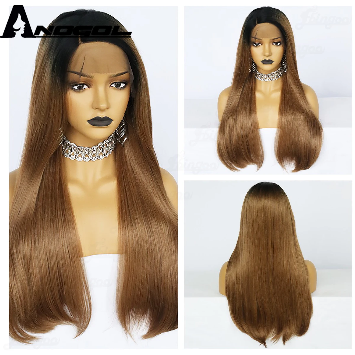 ANOGOL Synthetic U Part Lace Front Wigs Black Ombre Brown Blonde Long Straight Heat Resistant Fiber Futura Hair Wigs for Women