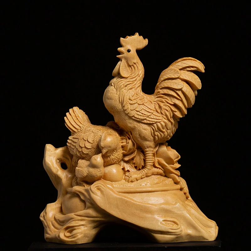 

10CM Wood Rooster Sculpture Boxwood Lucky Chicken Zodiac Cock Family Lucky Statue Home Decor