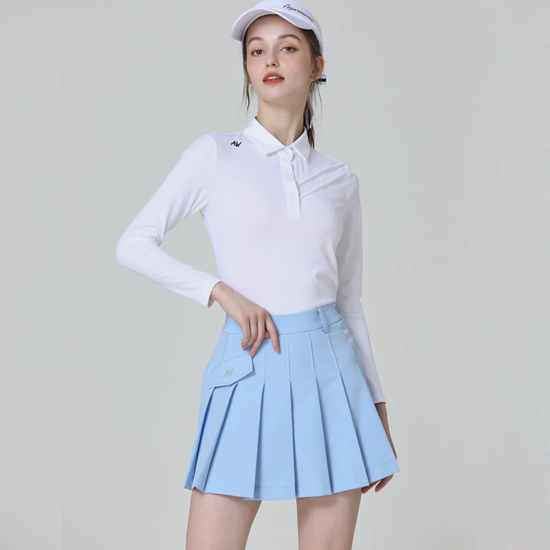 Azureway Golf Women's Suit Simple Long Sleeve T-shirt Autumn Undercoat Golf Women Wear Golf Pleated Skirt Shorts Skort