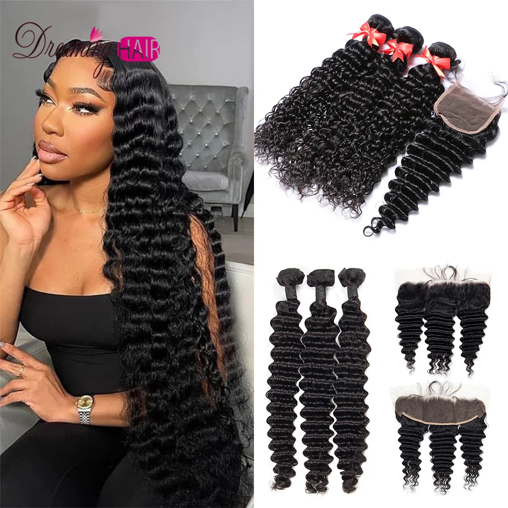 

Deep Wave Bundles With Closure Brazilian Remy Human Hair Weave HD 5x5 Lace Closure and Bundle 10A Soft 13x6 HD Lace Frontal