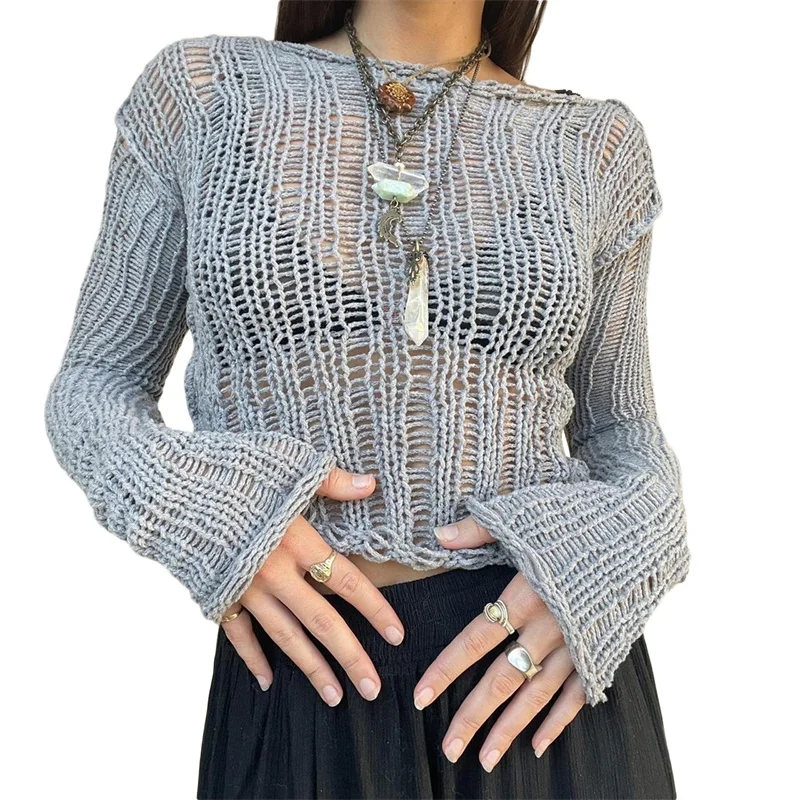 

Autumn Summer Women's T-shirts Solid Off Shoulder Knitwear Tops Hollow Out See Through Long Sleeve Pullovers Beach Streetwear