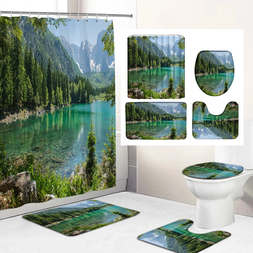 

Forest landscape Waterproof Shower Curtain Non-Slip Mat Rug Carpet Toilet Seat Cove Polyester Washable Bathing Bathroom Decor