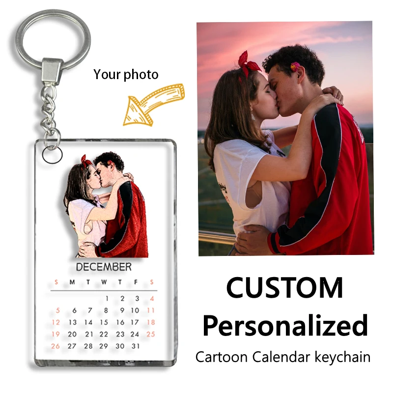 

Couple Cartoon Personalized Keychain Custom Photo Private Cute Calendar Memorial Day Acrylic Keyring