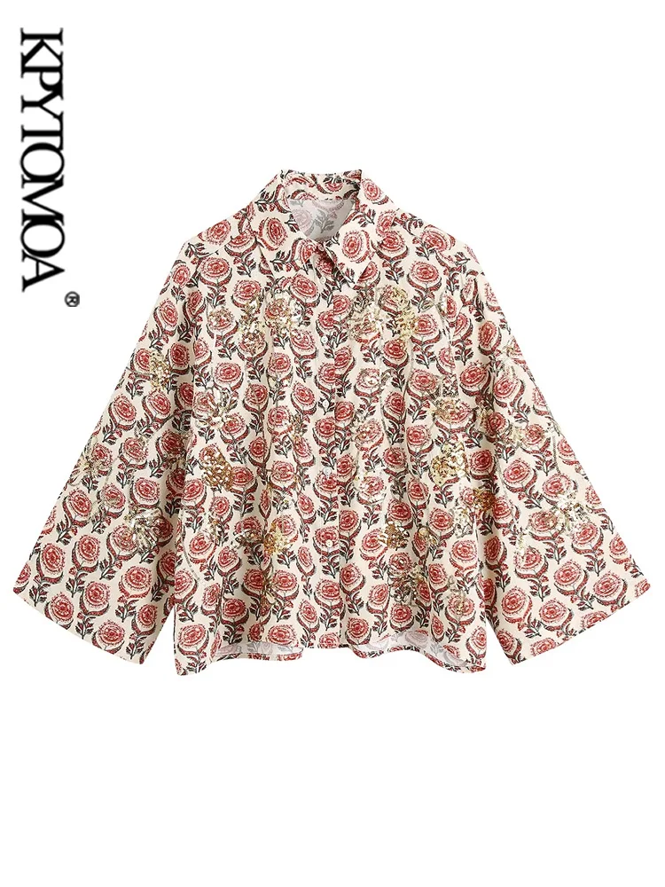 

KPYTOMOA Женская мода с блестками цветочный принт свободные блузки винтажные три четверти рукава пуговицы женские рубашки шикарные топы