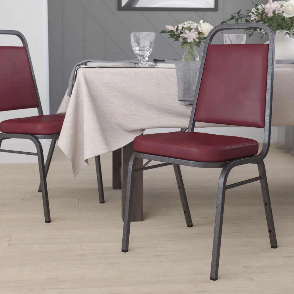 

HERCULES Series Trapezoidal Back Stacking Banquet Chair In Burgundy Vinyl - Silver Vein Frame Restaurant Chair Dining Chairs