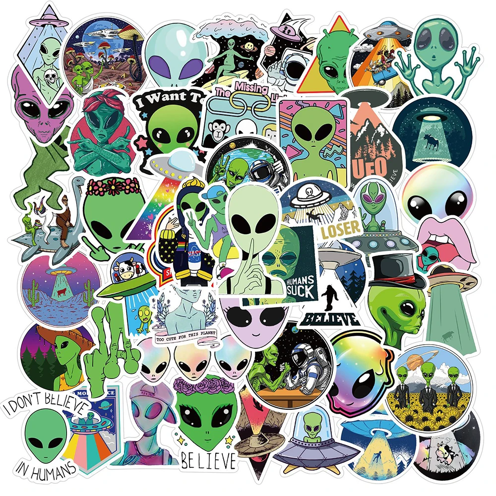

50PCS Aliens UFO Outer Space Stickers Travel Luggage Car Helmet Guitar Laptop Waterproof Graffiti Cool Sticker Decals Kids Toys