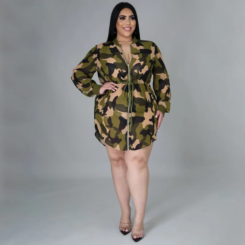 Plus Size New Women's Camouflage Printing Strap Slim Fit Relaxed Fashion Large Size Dress with Waist Clos 3xl 4xl 5xl 6xl