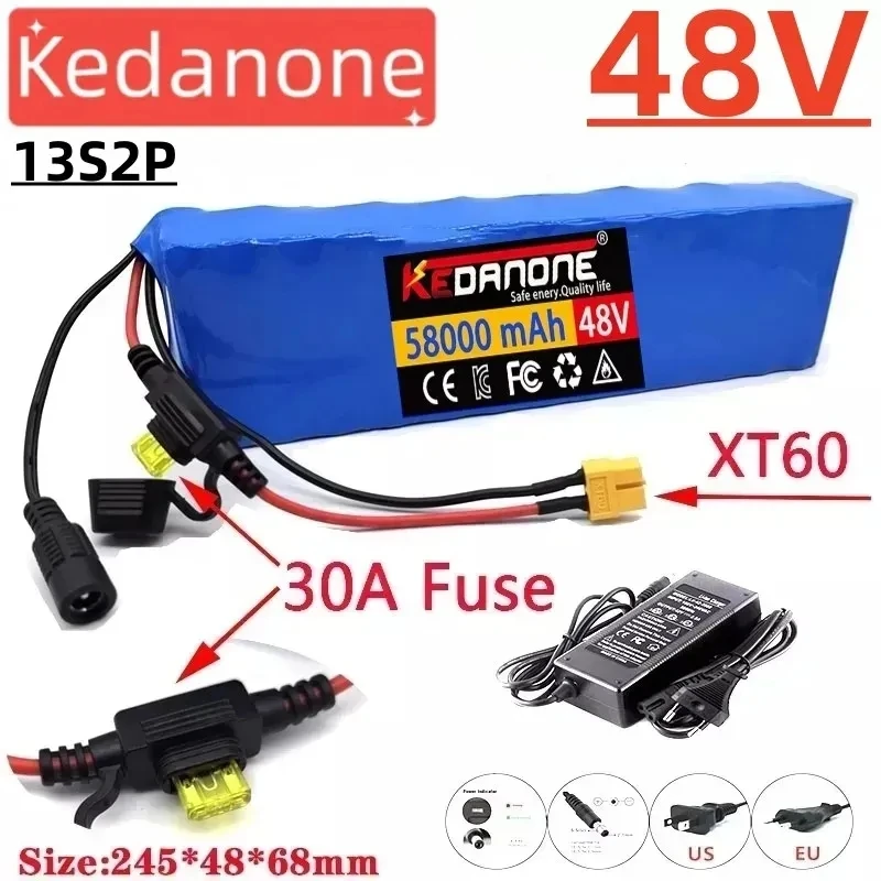 

Batería de litio para motocicleta, pila de 48V, 58000mAh, 18650, 13s2p, 350W, 1000W