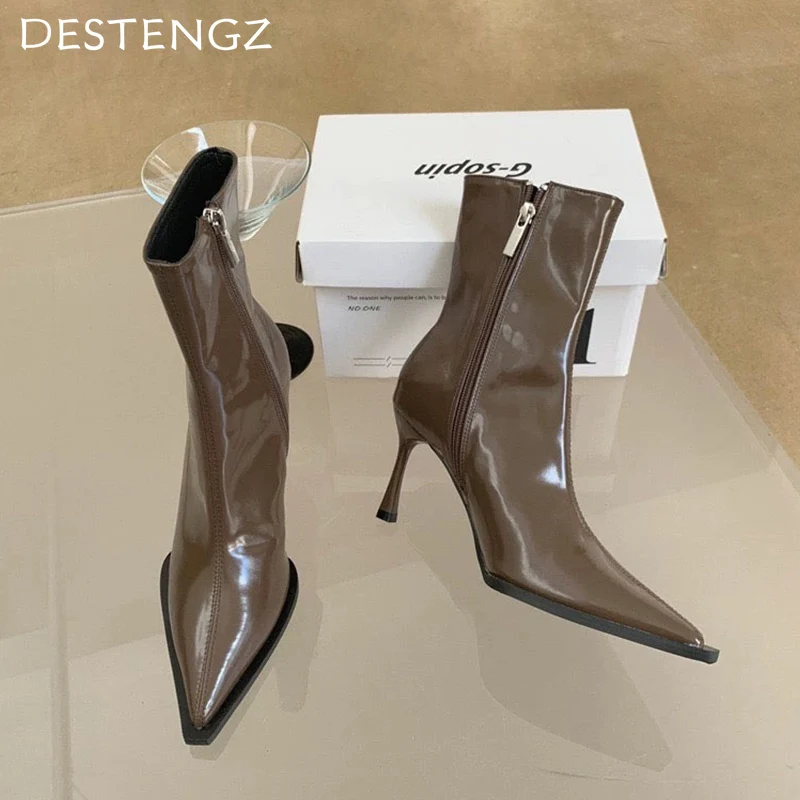 Кожаные женские ботильоны с острым носком модная обувь Sezy на высоком каблуке