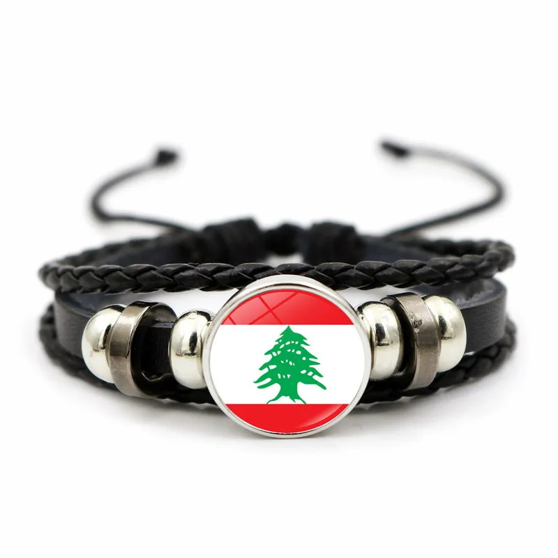 Браслет ручной работы из кожи с изображением ливанского флага | Украшения и