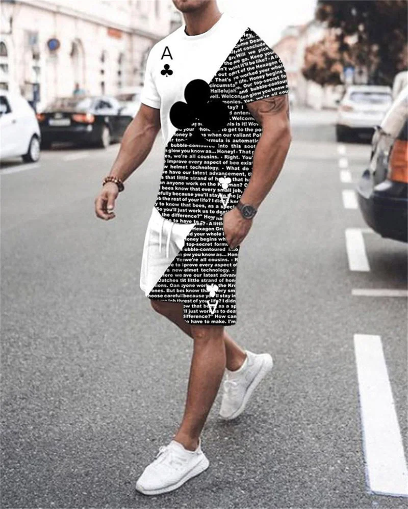 

Summer poker 3D printing men's T-shirt shorts suit men's sportswear O-neck short-sleeved men's suit