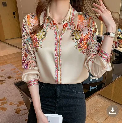 

Vintage Positioning Print Top New Satin Long Sleeve Shirt for Autumn 2023