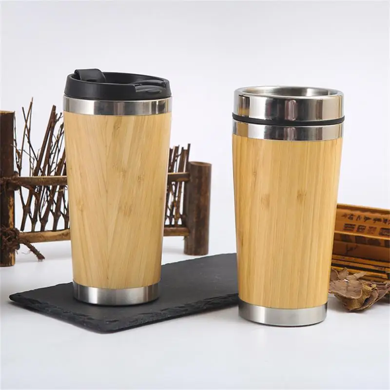 

304 Stainless Steel Cup Simple With Cover Coffee Cup Vacuum Bamboo Shell Water Bottle Cup Lid Insulated Coffee Cup Double Travel