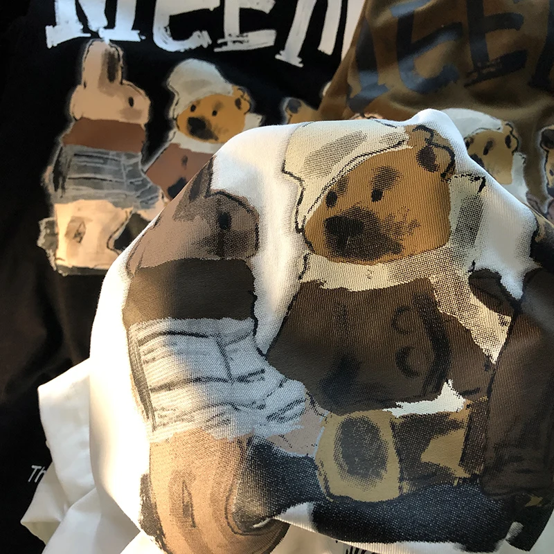 

Women Tshirt Graphic White Cute Doodle Bear Short Sleeve Spring Summer Lady Clothes Tops Clothing Tee Print Female Couple Korean