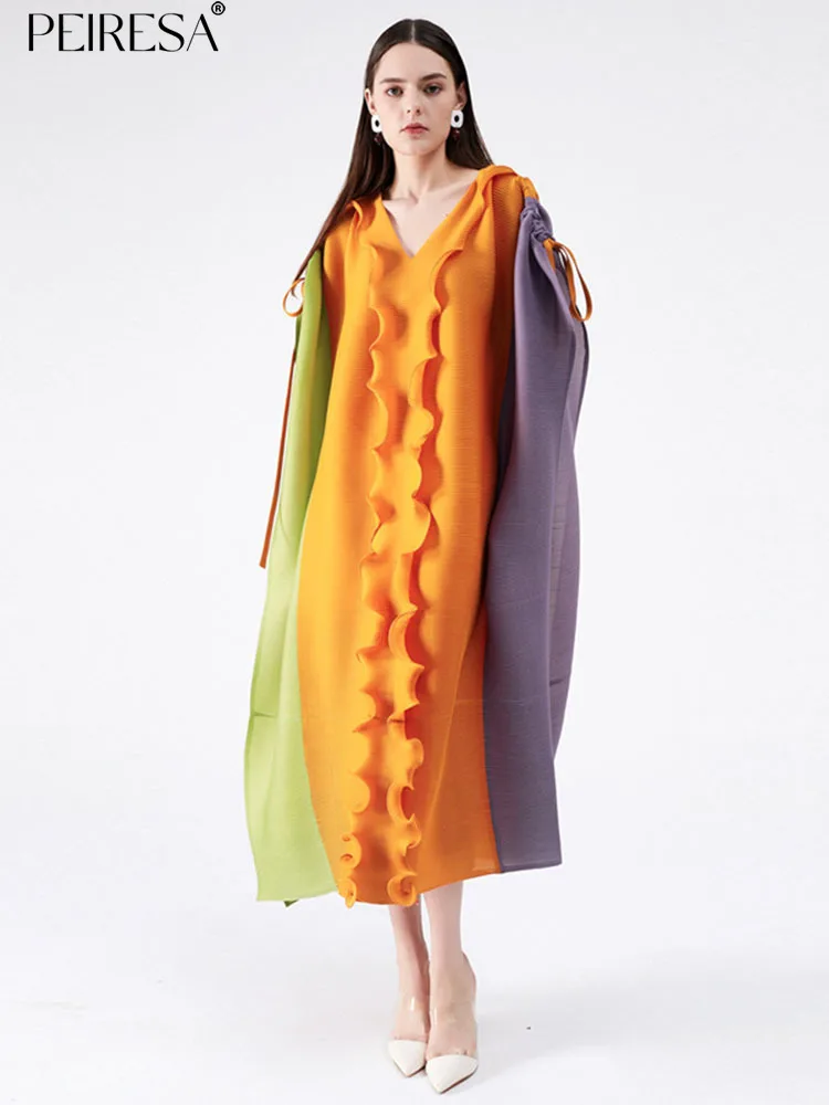 

Женское плиссированное платье миди PEIRESA Miyake, модное цветное платье с рукавом реглан, V-образным вырезом, цветными оборками и кулиской, 2023