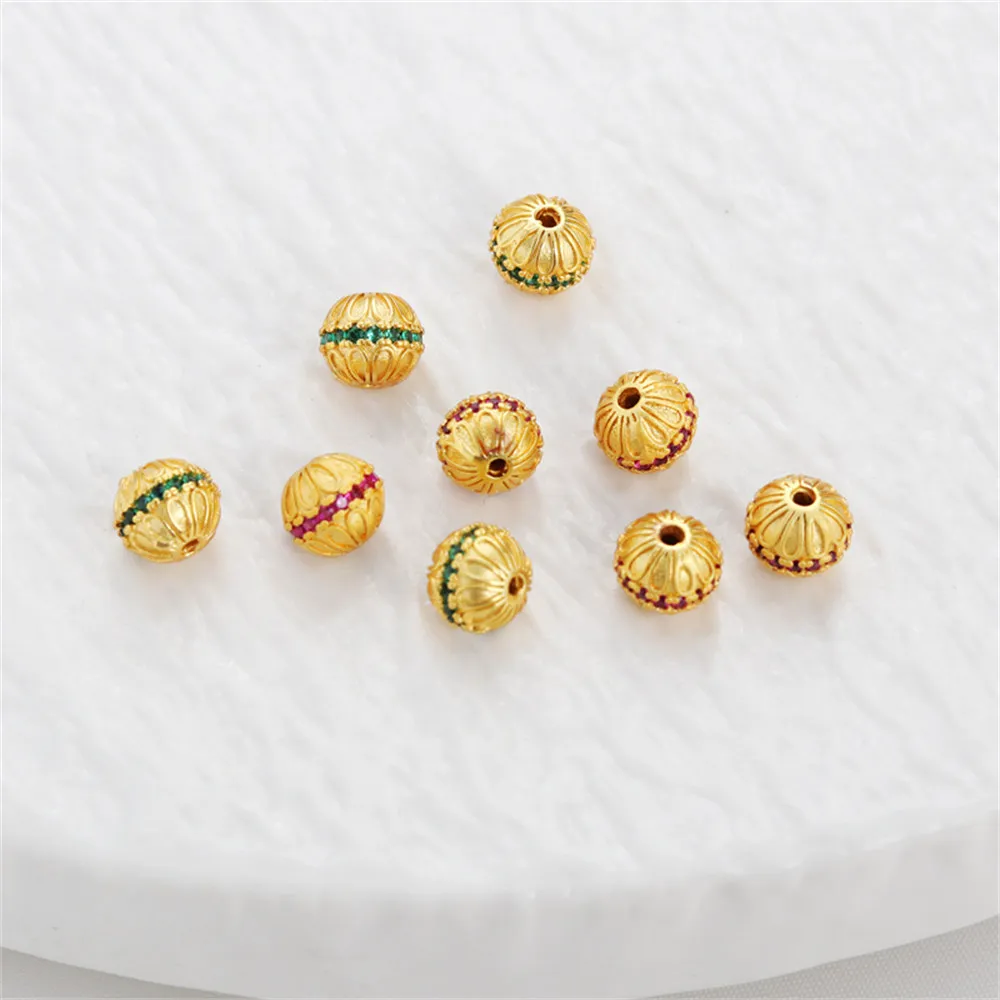 

18K gold coated dumb gold flat beads inlaid with zircon through-hole beads 8MM separated beads diy bracelet necklace accessories