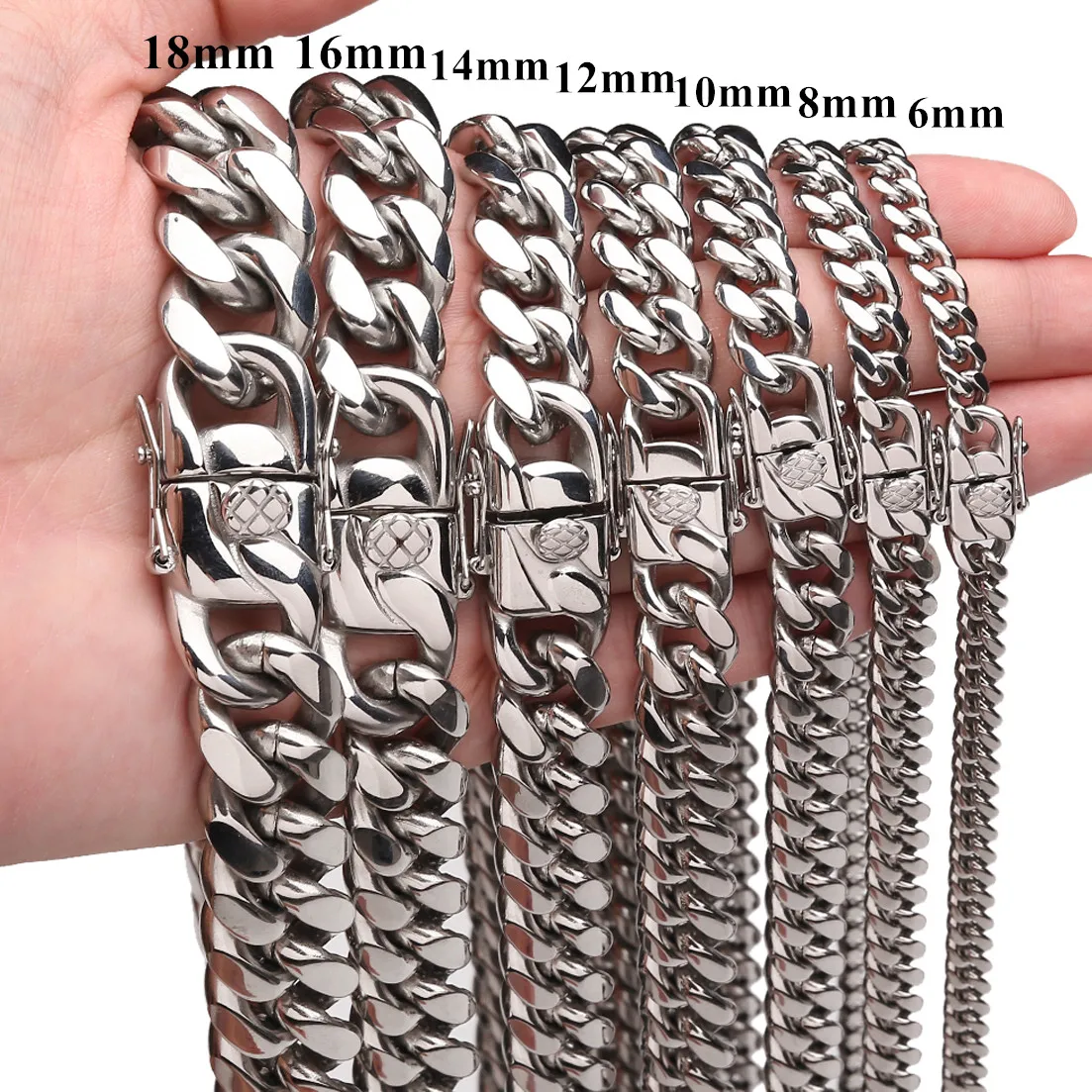 

6/8/10/12/14/16/18mm Silver Color Stainless Steel Curb Cuban Link Miami Chain Necklace Jewelry for Men Women