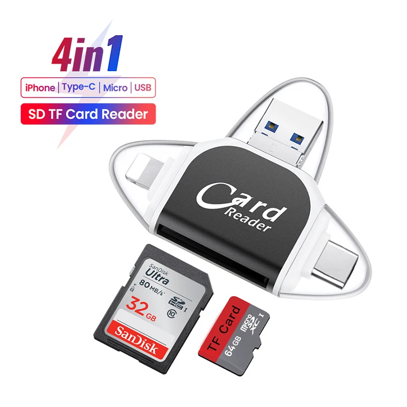 4In1 SD TF Memory Card OTG Adapter for iPhone Android OSX Windows Linux USB A/8 Pin/Micro /Type C To SD TF Card Reader Converter