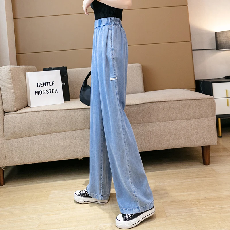 Women Elegant Straight Loose Denim Pants 2021 Summer Jeans Casual High Waist Wide Leg Trousers Elastic Waist Full Length Pant