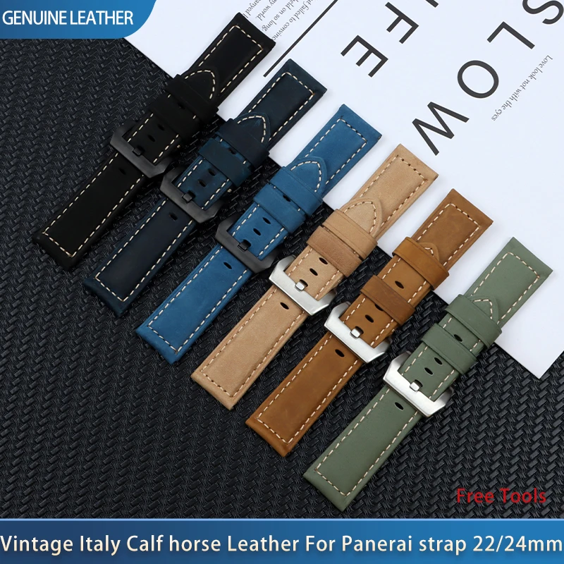 

Luxury Brand Watchband Retro 22mm 24mm Vintage Calf Horse Nubuck Leather For Panerai Strap Watch Band Tang Buckle Tools