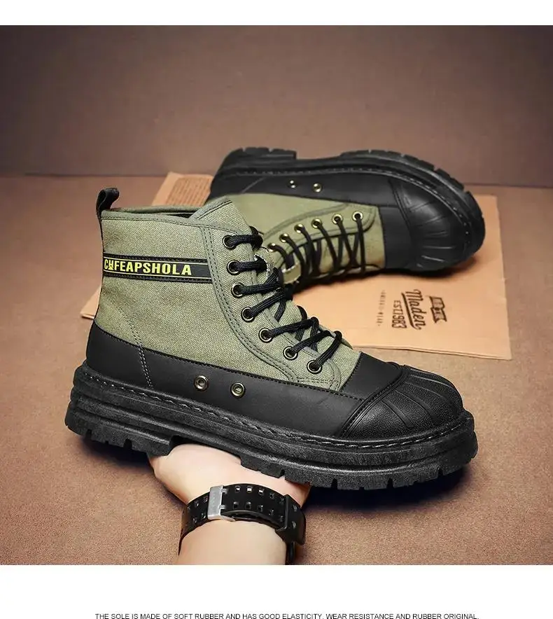 

Men's Spring Autumn Canvas High Top Casual Boots Thick Bottom Non Slip Anti-Collision Toe Cap Canvas Shoes Outdoor Work Boots