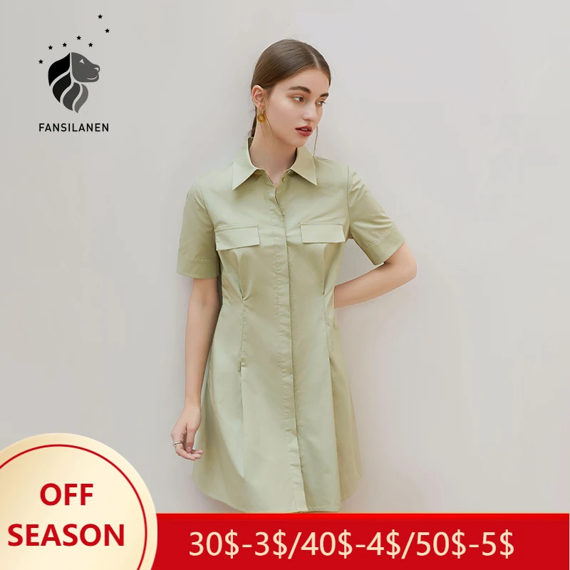 

FSLE Office Lady 100% Cotton Tooling Style Dress Hight Waist Summer 2021 New Shirt Skirt Women Polo Green Long Dress