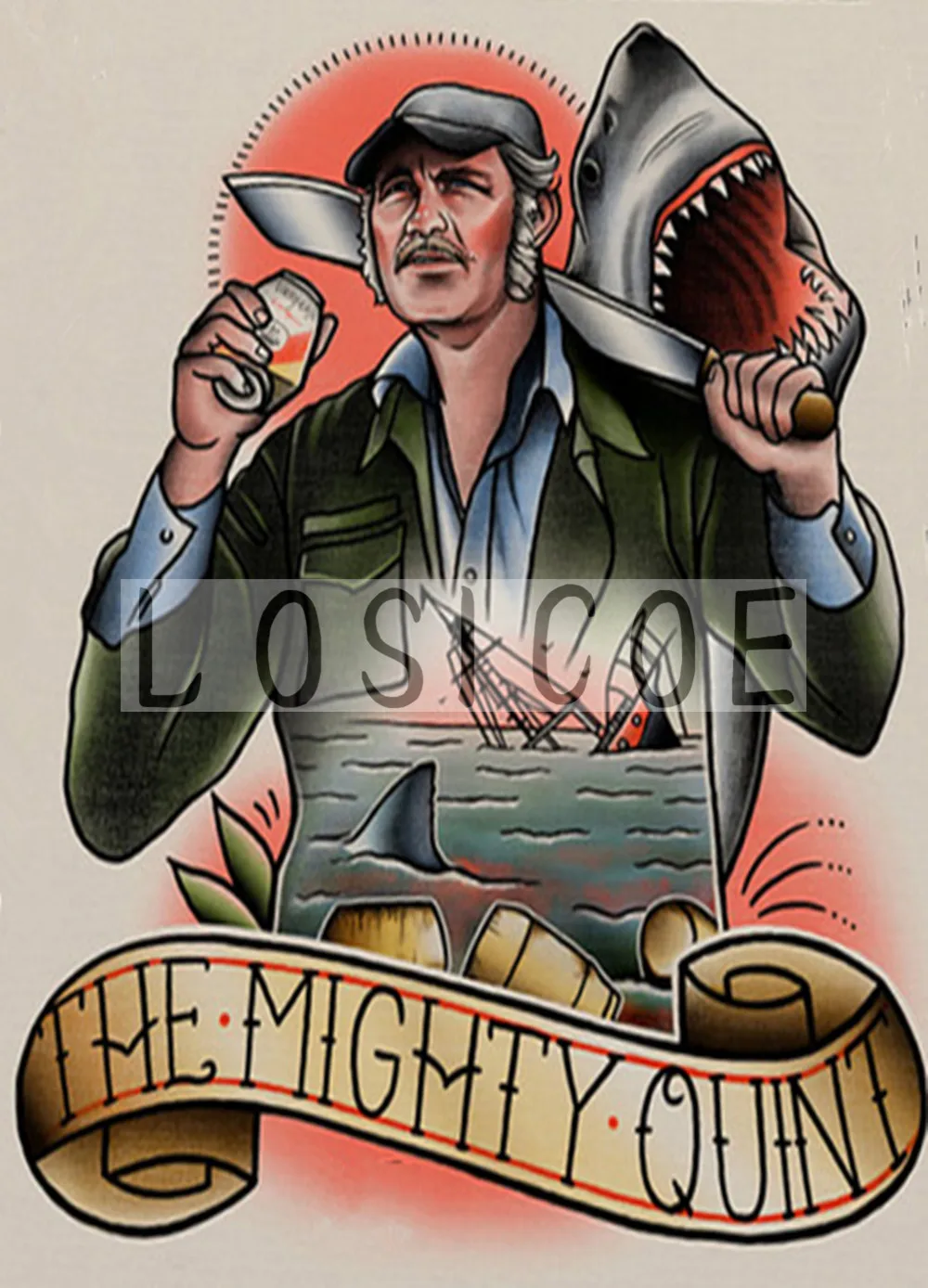 

Винтажный татуировочный узор «THE MIGHTY QUINT», постер на стену из крафт-бумаги, художественный принт, картина, декор для парикмахерской, 30 х42 см