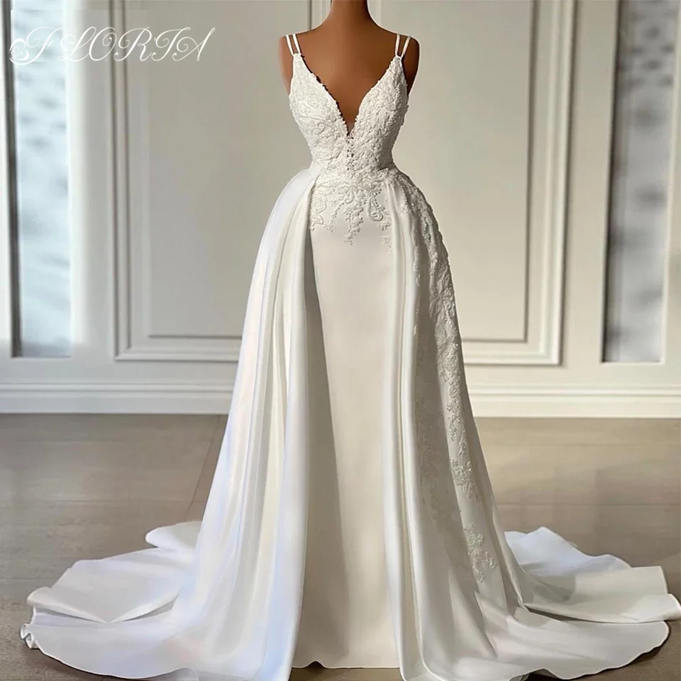 

Elegante V Neck Mermaid Wedding Dresses Sleeveless Spaghetti Beads Applique Bridal Gown with Detachable Train robe de mariée