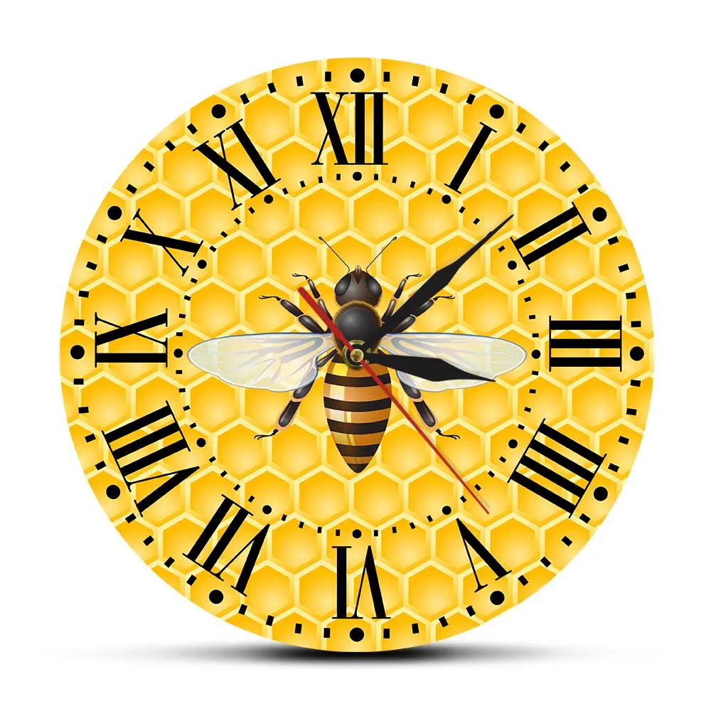 

Bees On Honey Yellow Color Printed Wall Clock Farmhouse Decor For Living Room Honeybee Pollination Honeycomb Artwork Wall Watch