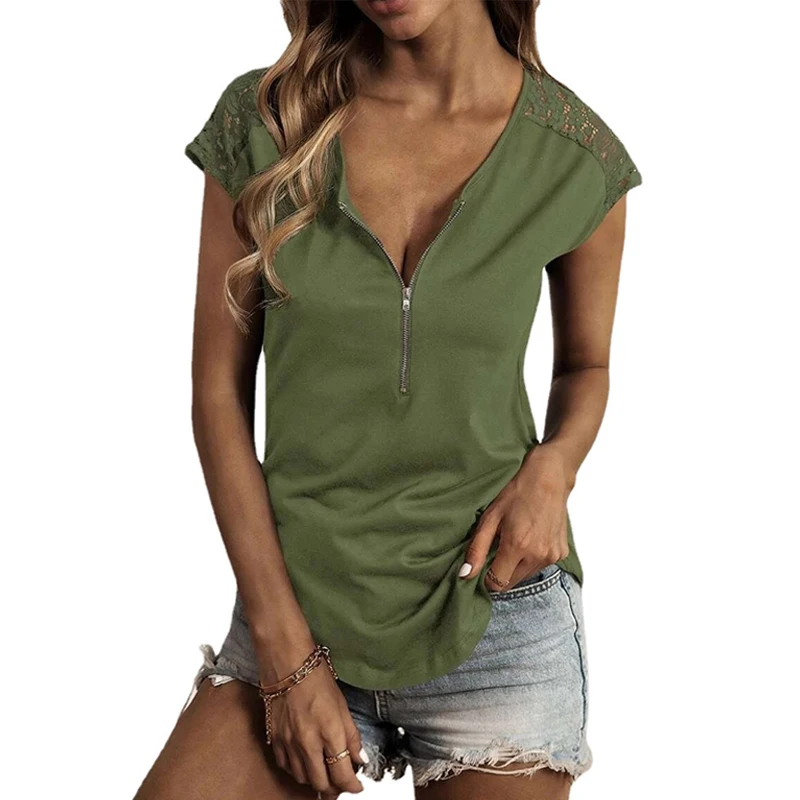 

Short Sleeve Women T-shirts 2022 Summer O Neck Tee Tops Half Zipper T Shirt Ladies Patchwork Lace Streetwear Woman Tshirts 19144