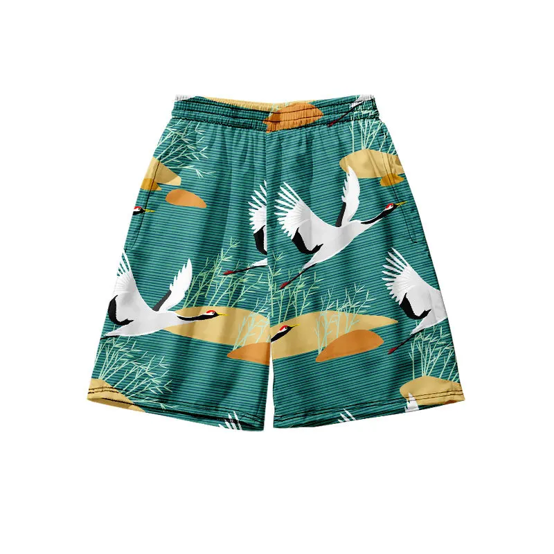 Summer Men Loungewear Shorts Print Crane Chinese Beach Pajamas Pant Large Size S-4XL Elastic Waist Loose Home Trousers