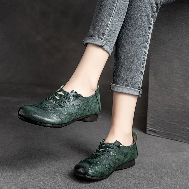 

Loafers Women Embroidery Leather Low Heels Spring Shoes for Women Handmade Genuine Leather Women Flats Lace Up Soft Retro Shoes